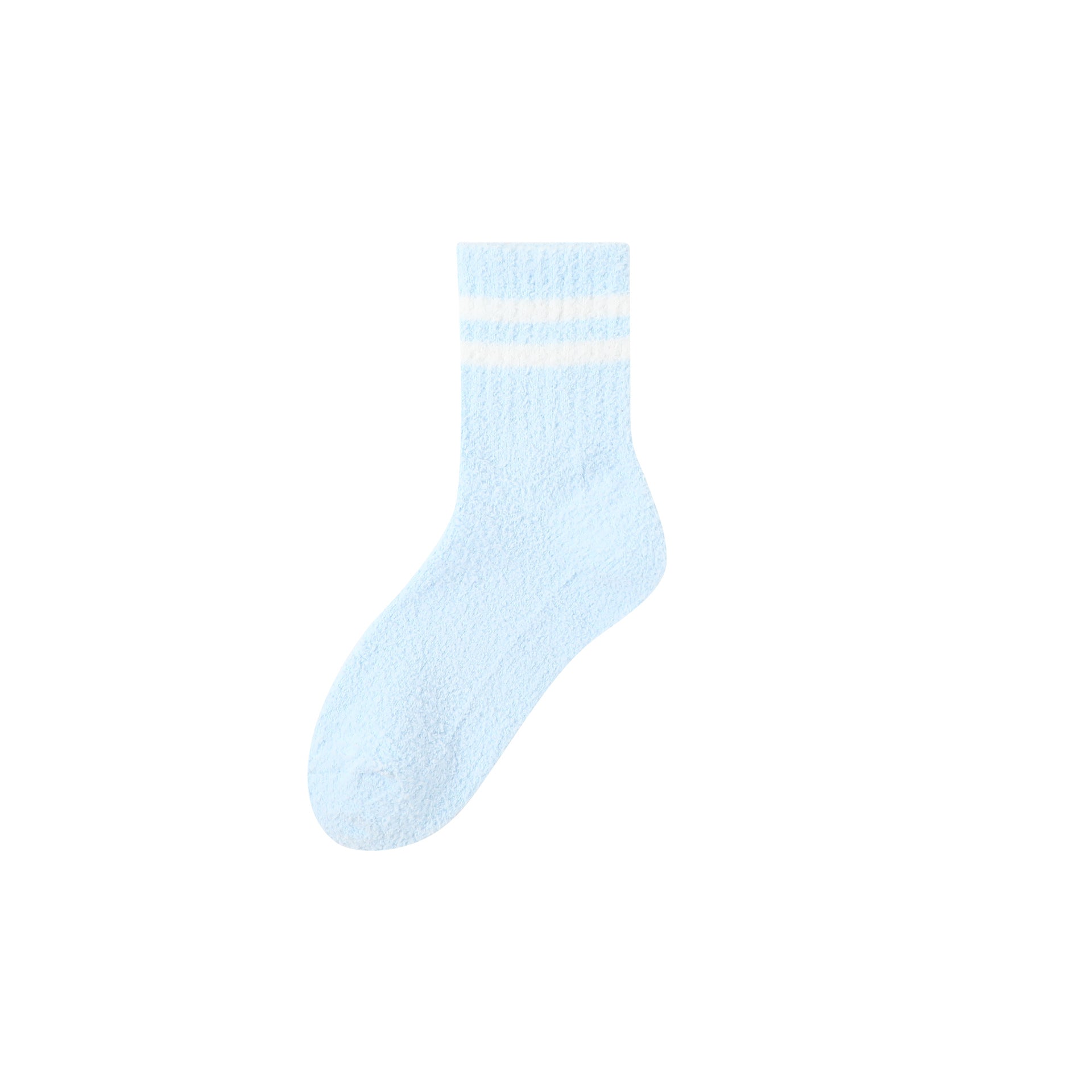 Light blue crew sock with white double stripes, made from soft fuzzy material