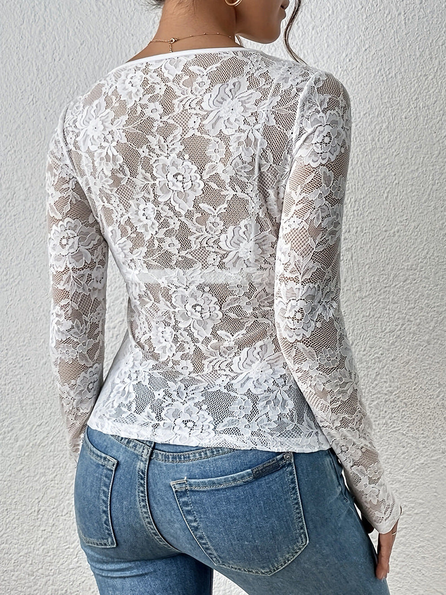 back view white lace blouse slim fit