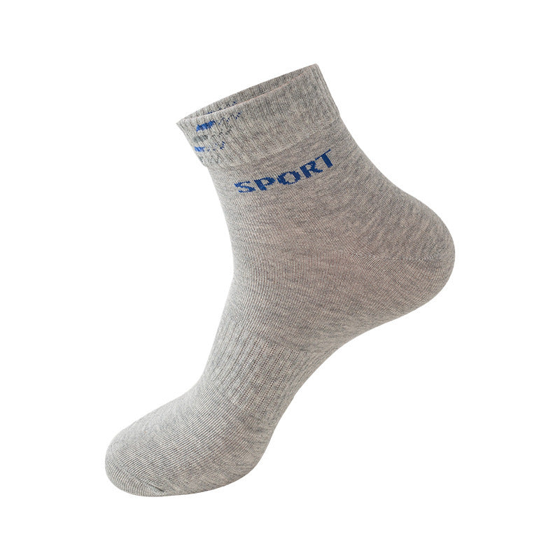Gray ankle sock with blue "SPORT" branding, displayed on an invisible foot form
