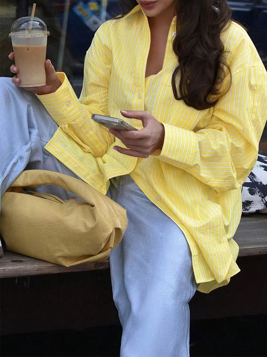 Oversized yellow striped shirt button down casual coffee outfit