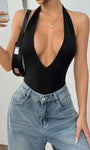 black backless halter bodysuit front view deep v neck