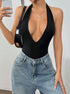 black backless halter bodysuit front view deep v neck