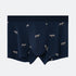 Navy blue men's boxer briefs with all-over horse print pattern, modern fit design