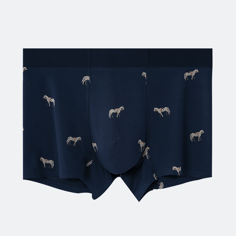 Navy blue men's boxer briefs with all-over horse print pattern, modern fit design