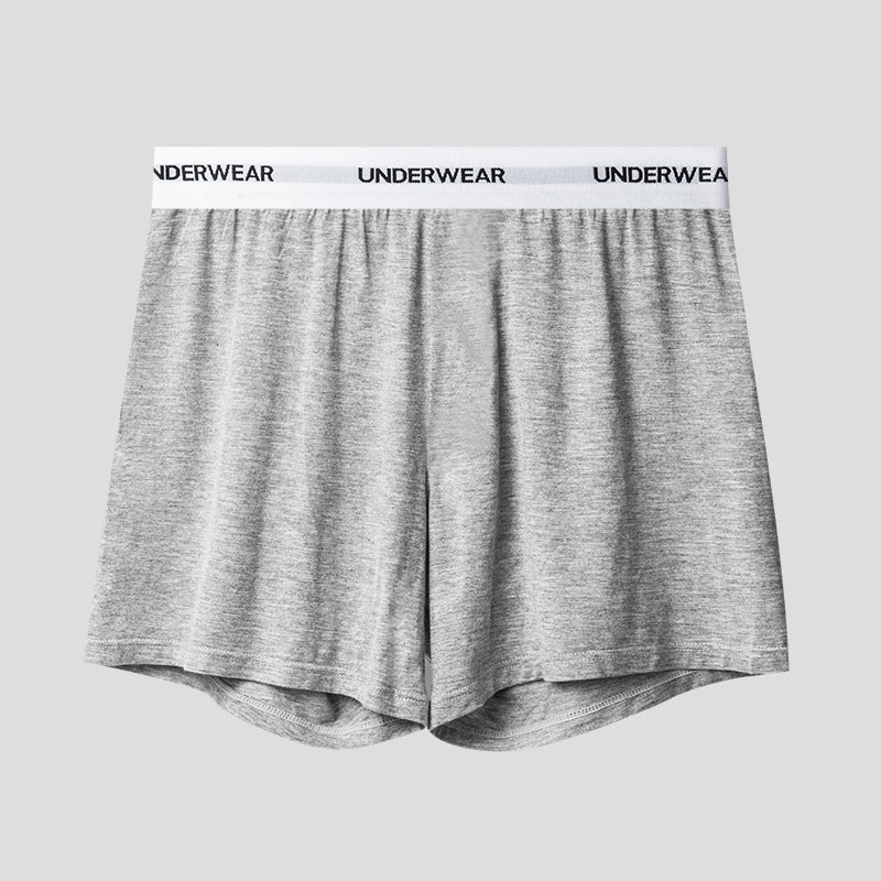 Heather gray boxer short with white elastic waistband displaying 'UNDERWEAR' text against light gray background