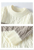 Product details showing ribbed crew neckline close-up of cream sweater