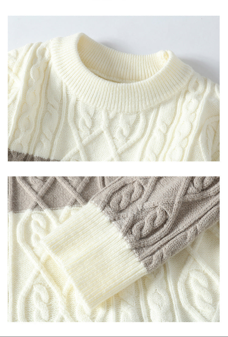 Product details showing ribbed crew neckline close-up of cream sweater