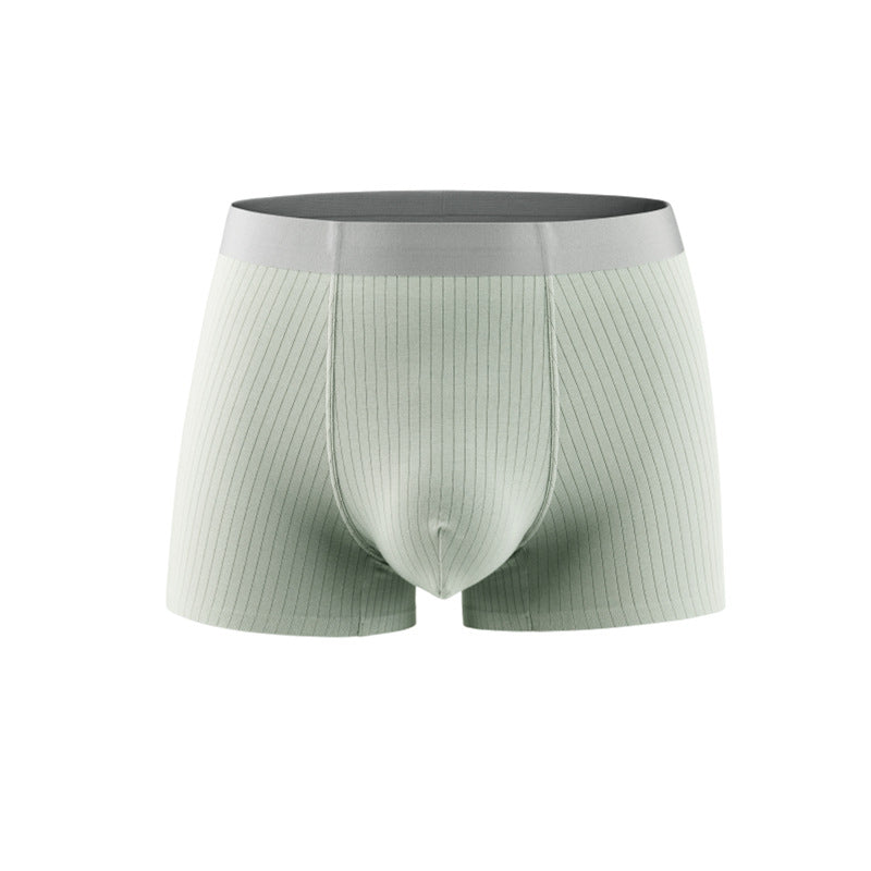 Mint green boxer briefs with silver waistband on white background. Lightweight ribbed underwear with supportive front pouch