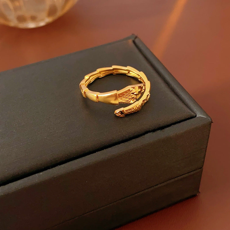 Gold snake ring with scales design on black display box