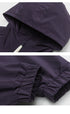Close-up detail of purple windbreaker jacket showing hood construction and elastic cuff details against white background.