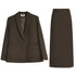 Product flat lay of brown wool blazer and maxi skirt set showing KSD brand label