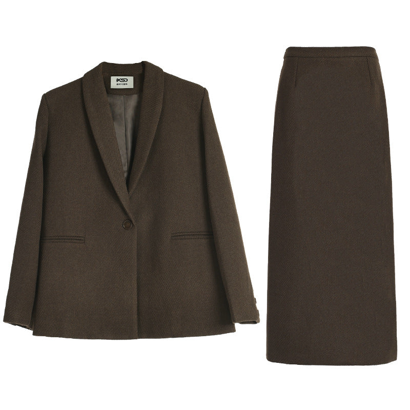Product flat lay of brown wool blazer and maxi skirt set showing KSD brand label
