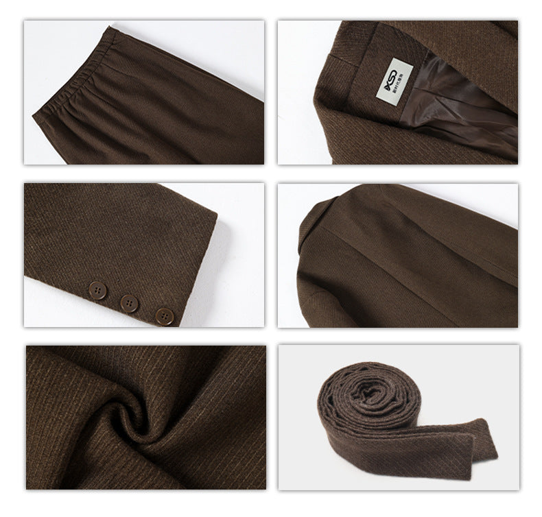 Detail shots of brown wool fabric texture, button closures, and tailoring construction
