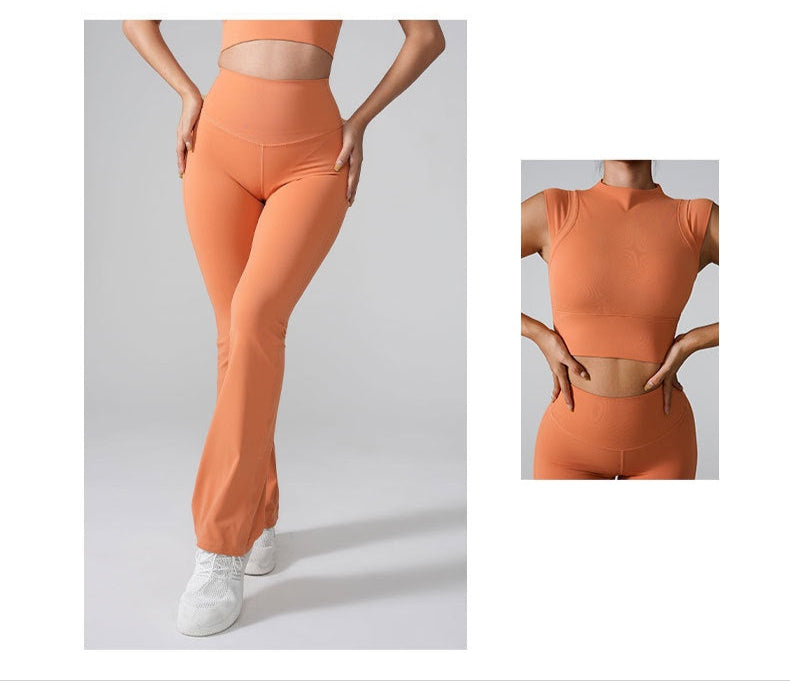 Side view and back view of coral workout set featuring high-waisted flared pants and matching crop top on gray background