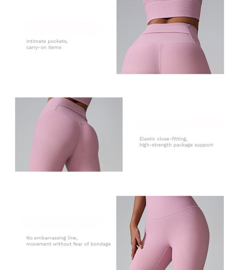 Product feature image showing pink leggings with text highlighting hidden pockets, elastic support, and seamless design
