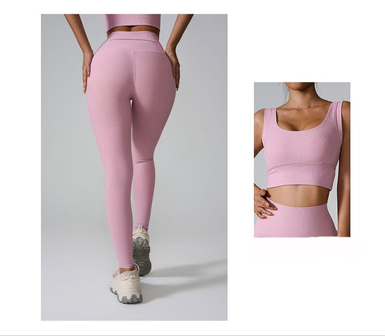 Side-by-side images showing back view and front detail of pink workout set with seamless leggings and sports bra