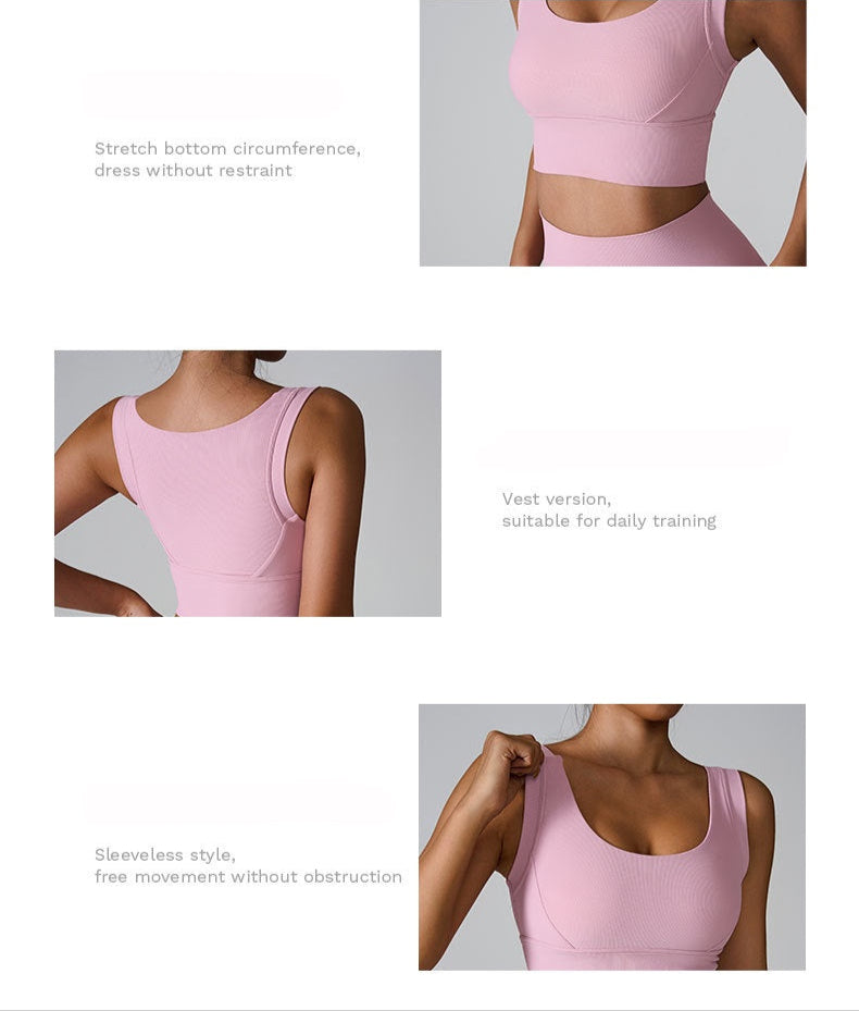 A woman wearing a pink ribbed sports bra shown from multiple angles highlighting stretch features, sleeveless design and seamless construction for fitness training