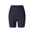 A product image featuring black high-waisted workout shorts with compressive fabric and V-shaped waistband against white background