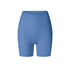 A product image showing blue high-waisted compression biker shorts with V-shaped front seam and smooth finish against white backdrop