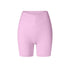 A product image displaying soft pink high-waisted compression shorts with V-shaped waistband and mid-thigh length against white background