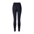 Product photo of black high-waisted athletic leggings with ruched back detail on white background