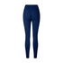 Product photo of navy blue athletic leggings with ruched center seam and high waistband on white background