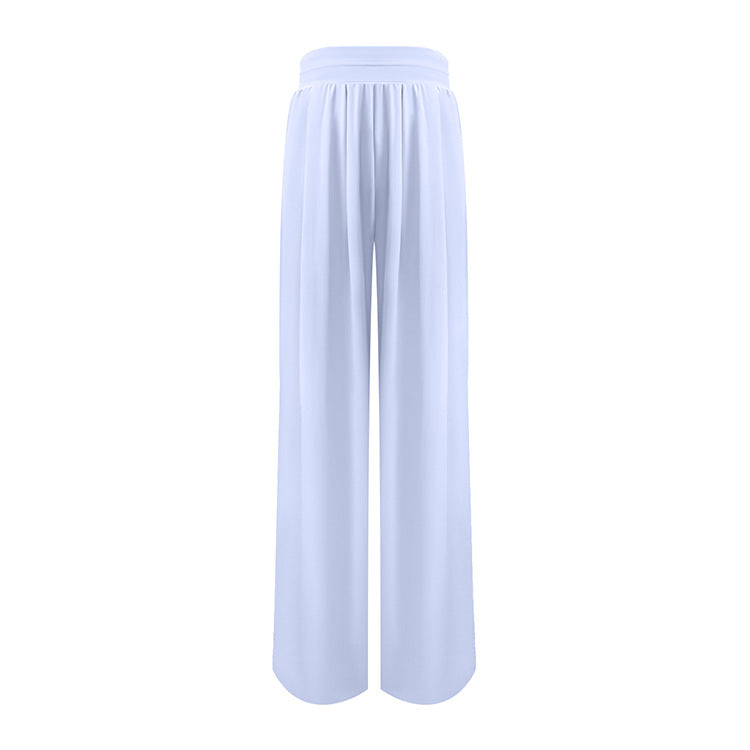 Light blue wide-leg palazzo pants with high waistband and pleated front shown against white background