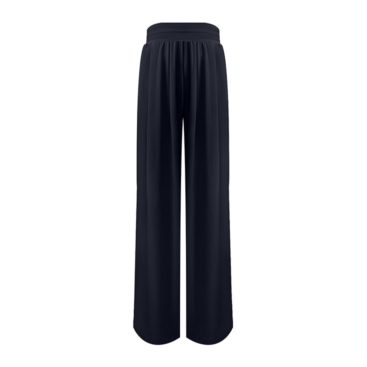 Navy blue high-waisted palazzo pants with pleated front and wide flowing legs shown against white background