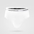 White men's brief underwear with elastic waistband featuring "UNDERWEAR" text branding around the band, showcased against light gray background