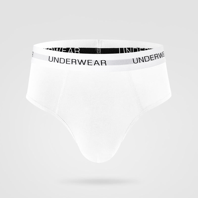 White men's brief underwear with elastic waistband featuring "UNDERWEAR" text branding around the band, showcased against light gray background