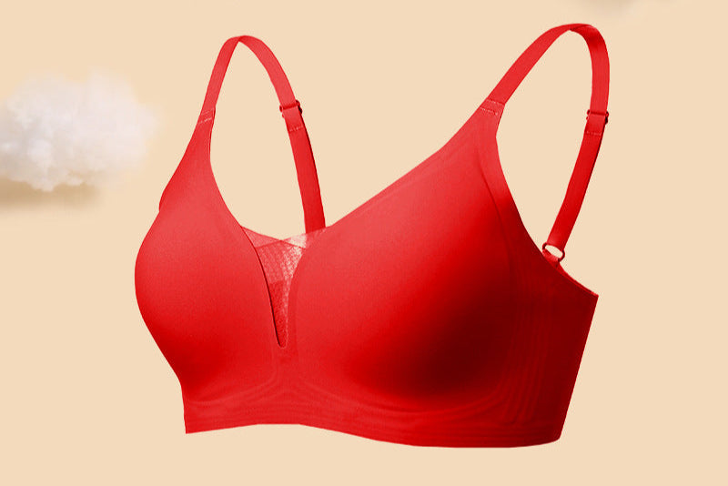 Bold red seamless bra with a deep V-neck and soft support, offering a sleek and elegant fit.