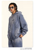 Oversized gray hoodie featuring cross graphic design and sketch details, worn with matching sweatpants and square sunglasses