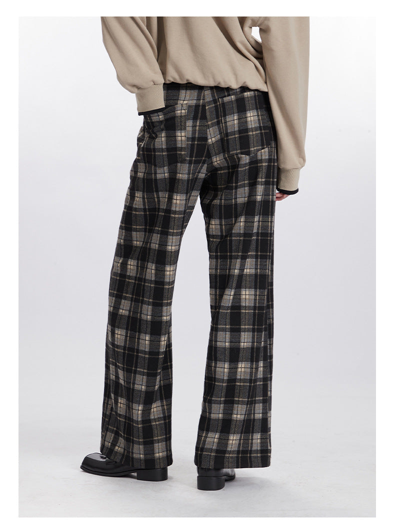 Back view of plaid pants showing full wide-leg silhouette