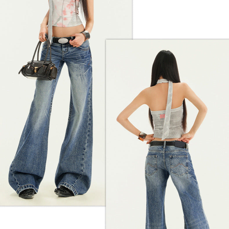Flat lay front and back of Y2K flared jeans in dark blue with faded thigh details