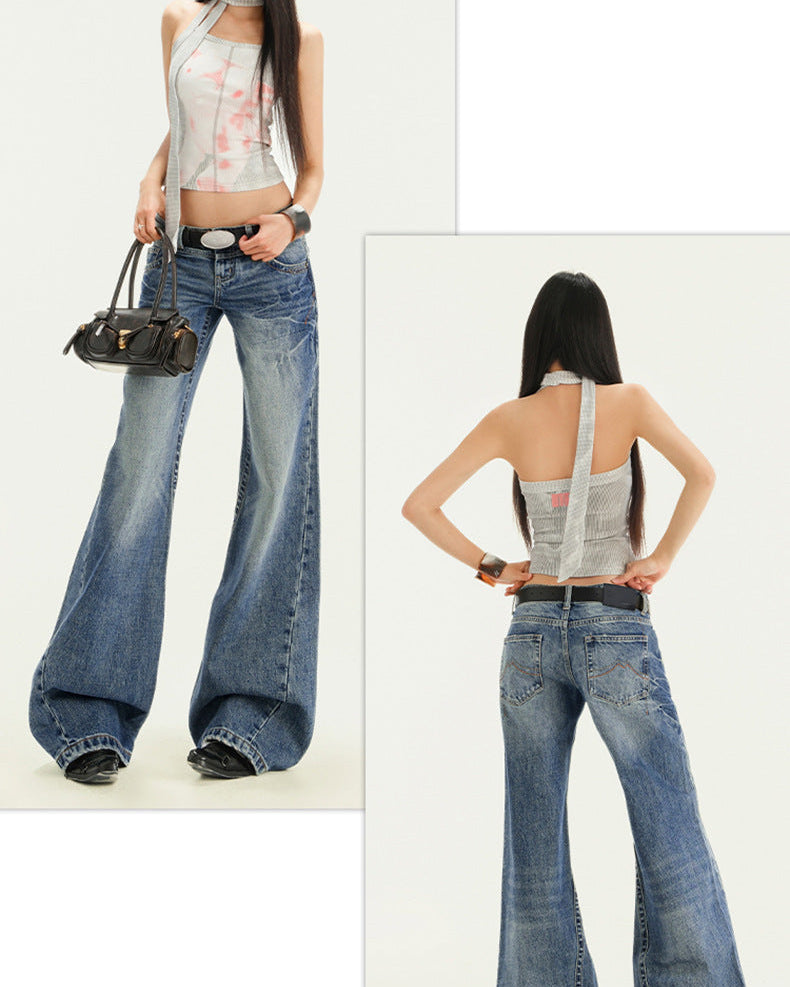 Flat lay front and back of Y2K flared jeans in dark blue with faded thigh details