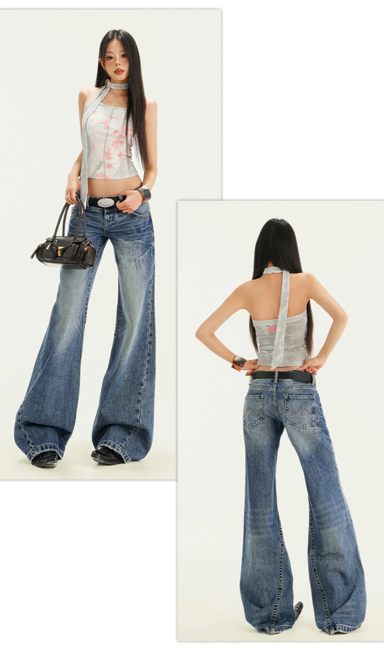 Flat lay front and back of Y2K flared jeans in dark blue with faded thigh details