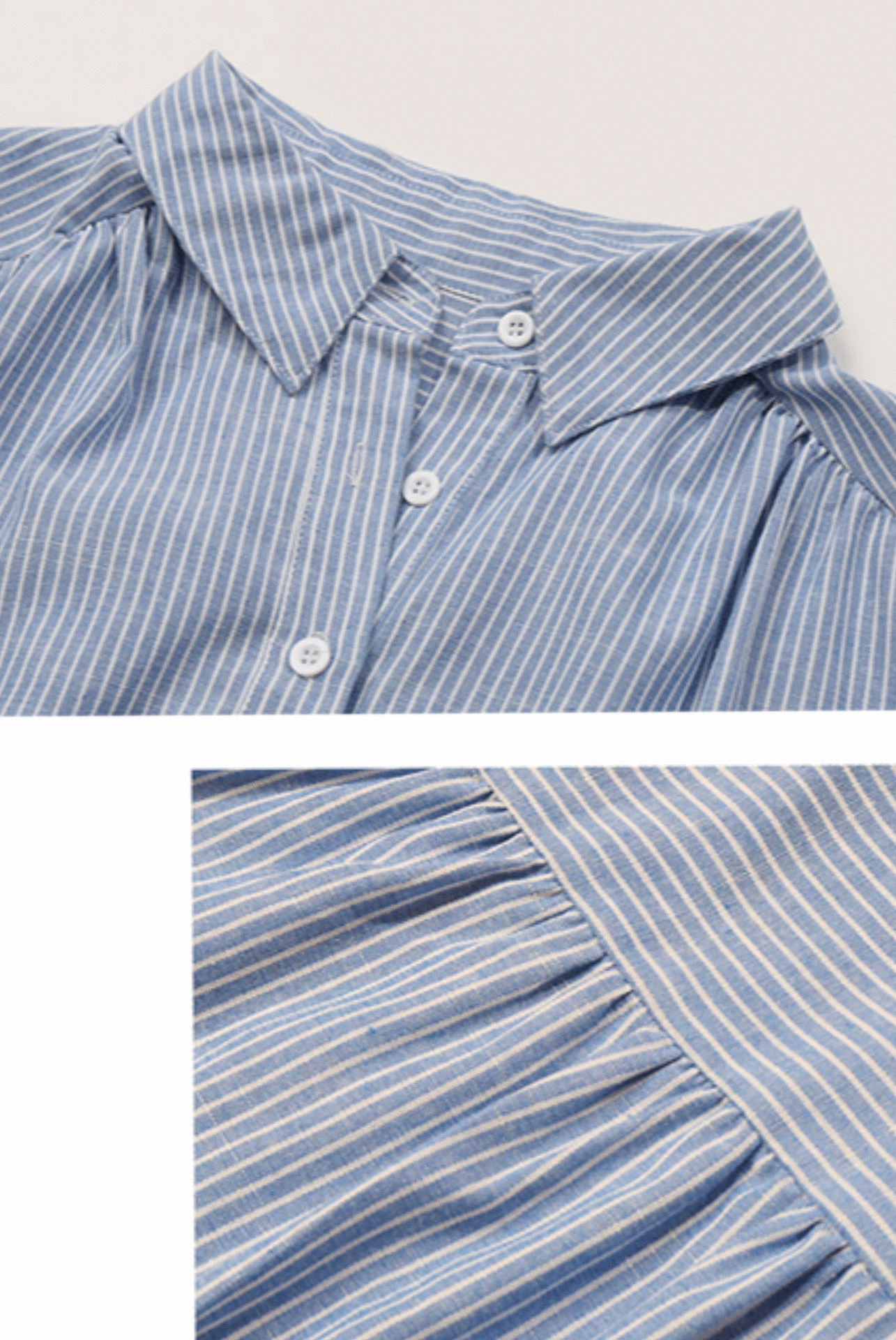 Close-up of a blue striped button-up shirt’s collar and pleated yoke detail, highlighting the breathable fabric.