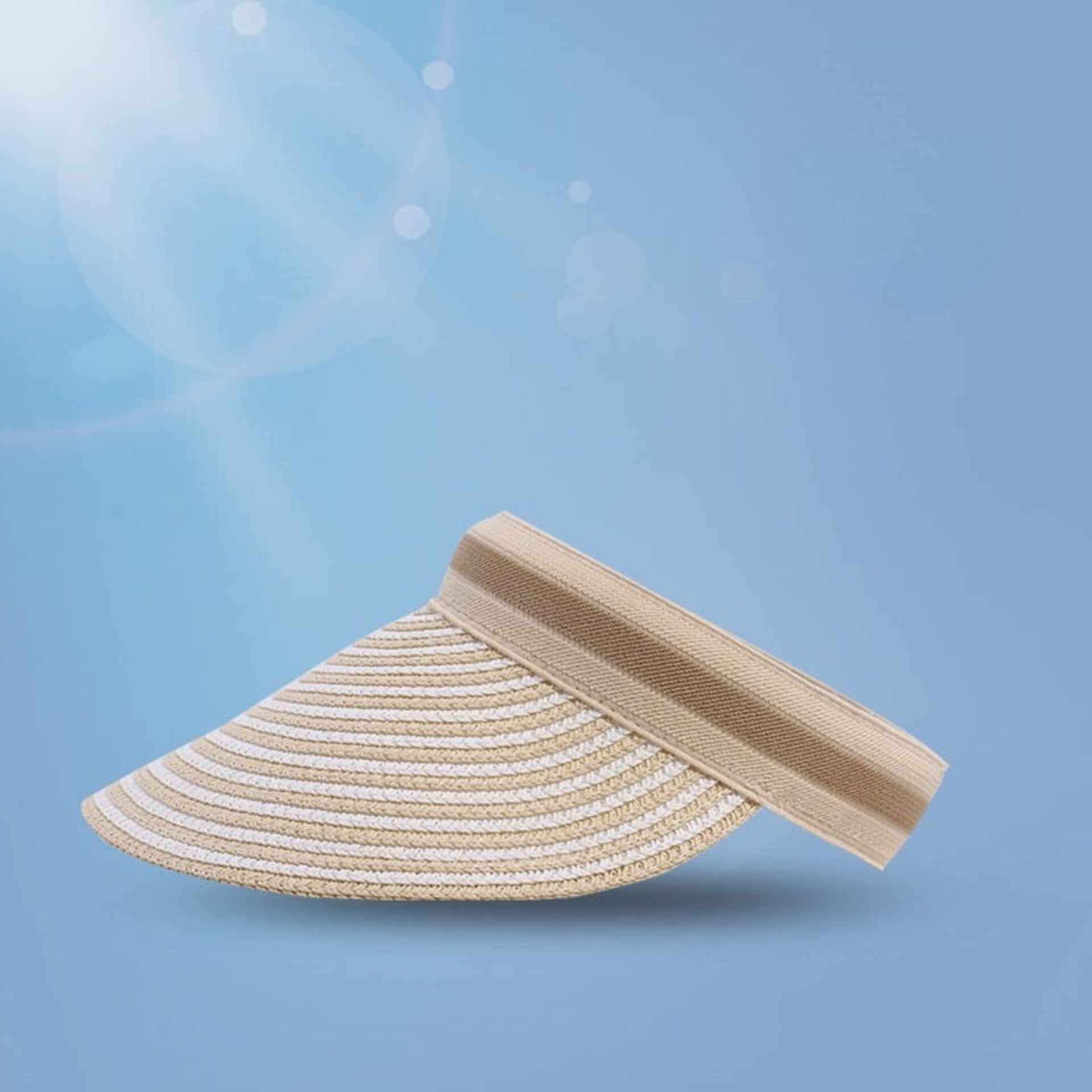 Natural beige UPF 50+ sun visor with a striped woven brim, designed for sun protection and a lightweight, breathable fit.