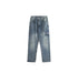 Washed blue cargo jeans laid flat showing functional utility pockets and relaxed straight-leg silhouette against white background