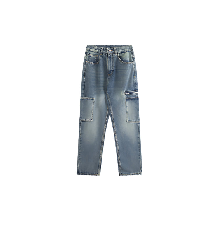Washed blue cargo jeans laid flat showing functional utility pockets and relaxed straight-leg silhouette against white background