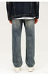Back view of relaxed fit vintage wash jeans with straight leg silhouette and clean hem