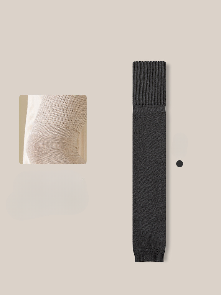 Charcoal gray leg warmer with ribbed detail and texture sample