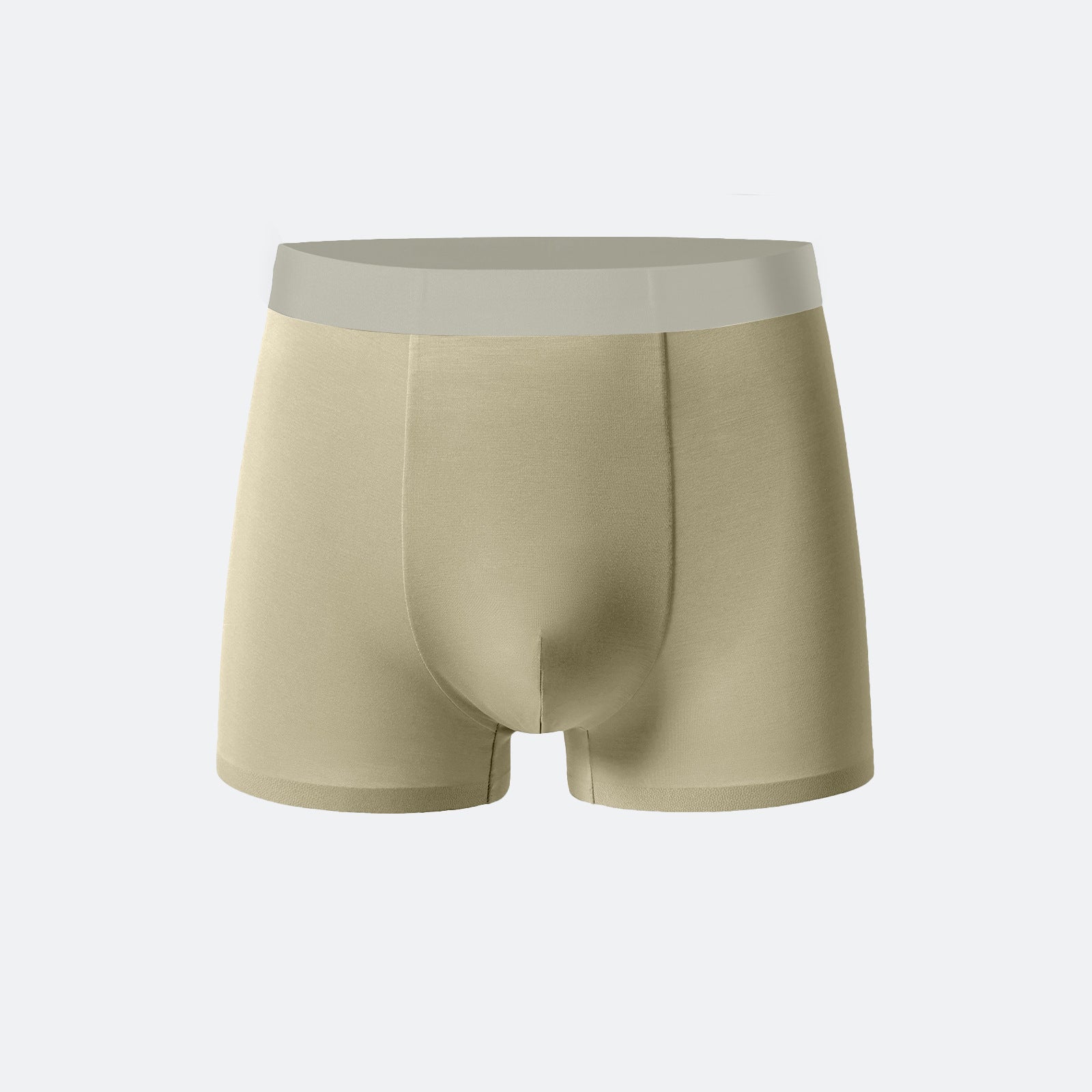 Light beige men's boxer briefs with matching waistband, made from premium cotton blend for ultimate comfort
