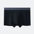 Black men's boxer briefs with centered pouch, sleek fabric, and dark gray waistband