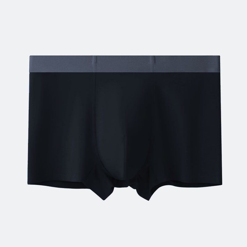 Black men's boxer briefs with centered pouch, sleek fabric, and dark gray waistband