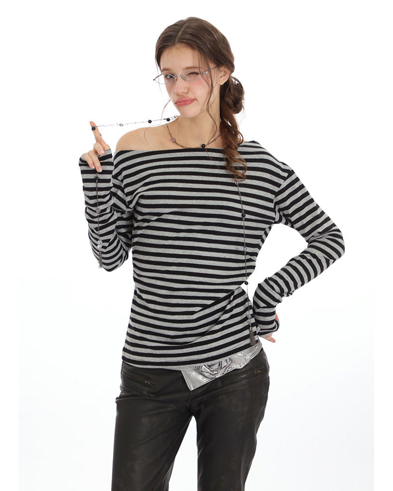 Off-shoulder striped top with boatneck neckline