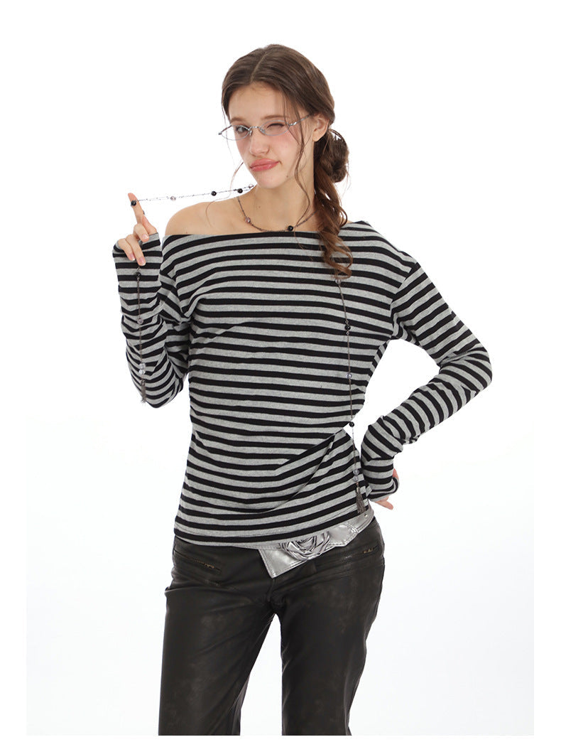 Off-shoulder striped top with boatneck neckline