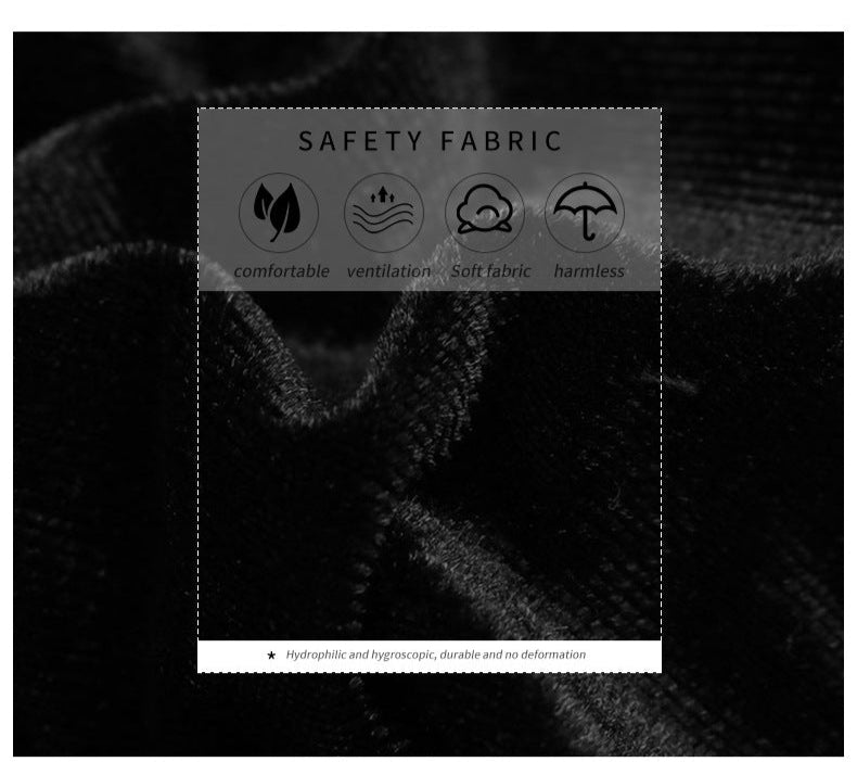 Product information card showing safety fabric icons: comfortable, ventilation, soft fabric, and harmless with black velvet texture background