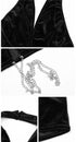 Detail shots of black velvet fabric texture and silver chain accessory shown separately against white background