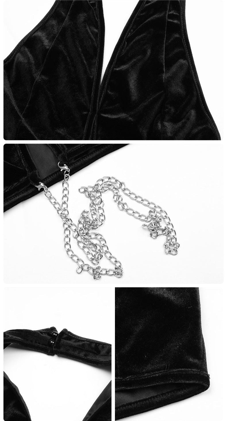 Detail shots of black velvet fabric texture and silver chain accessory shown separately against white background